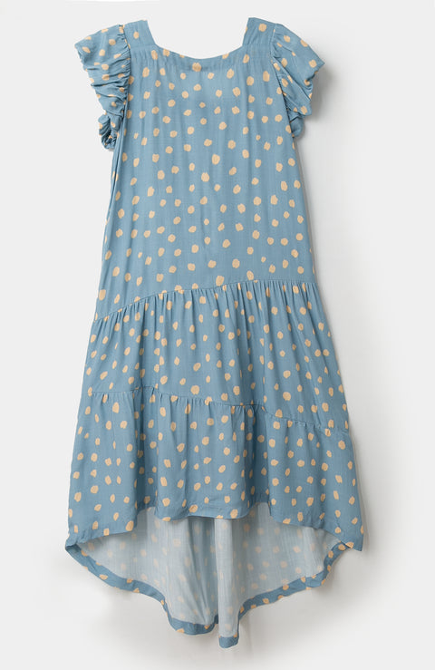 Vestido largo para niña en lino color azul con estampado animal print