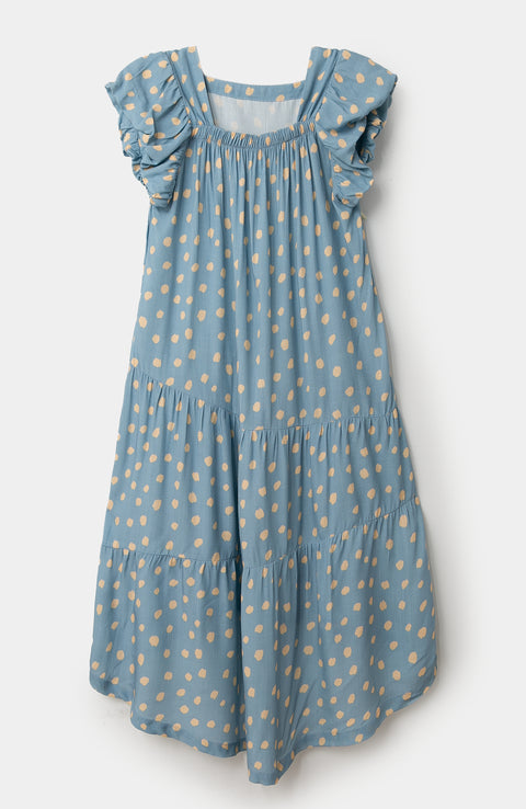 Vestido largo para niña en lino color azul con estampado animal print
