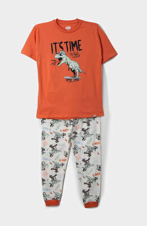 Pijama manga corta para niño en tela suave color naranja