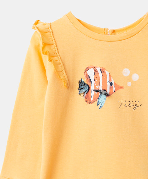 Camiseta Manga Larga Para Recién Nacida En Licra Color Amarillo Claro