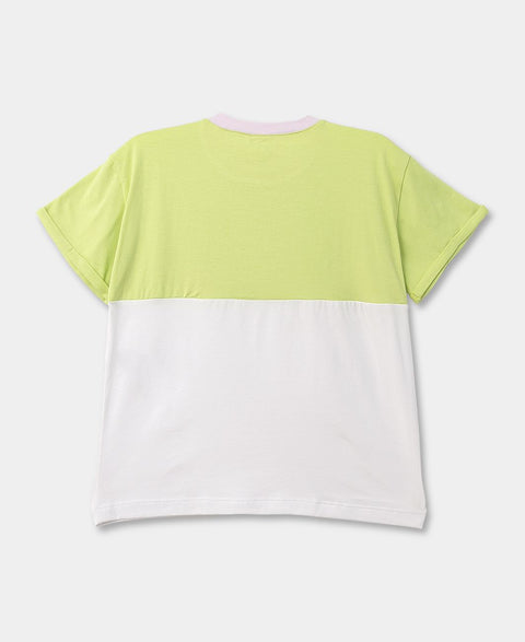 Camiseta Manga Corta Para Niña En Licra Color Verde Lima Y Blanco