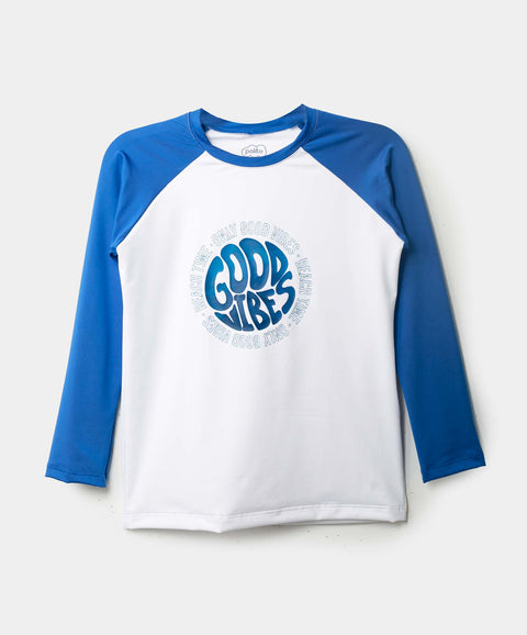 Camiseta Manga Larga De Playa Para Niño En Licra Color Blanco Y Azul