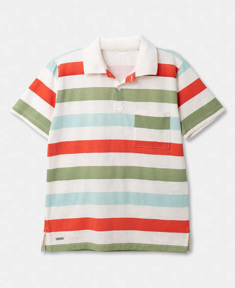 Camiseta Tipo Polo Para Niño En Algodón Color Marfil Con Rayas
