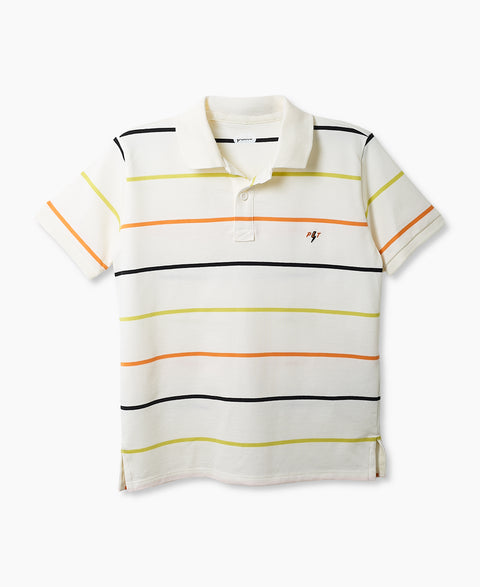Camiseta Tipo Polo Para Niño En Algodón Color Marfil Con Rayas