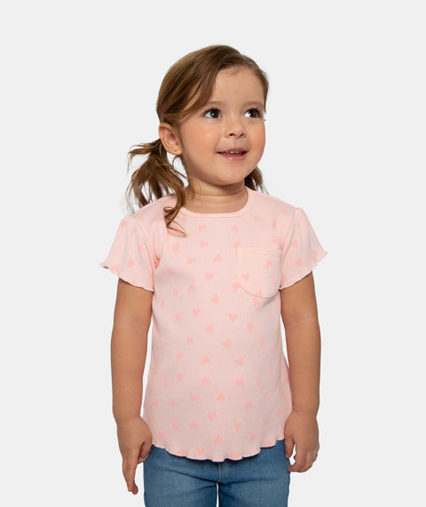 Camiseta Estampada Manga Corta Para Bebe Niña En Rib Color Rosado