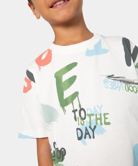 Camiseta Manga Corta Estampada Para Niño En Tela Suave Color Marfil