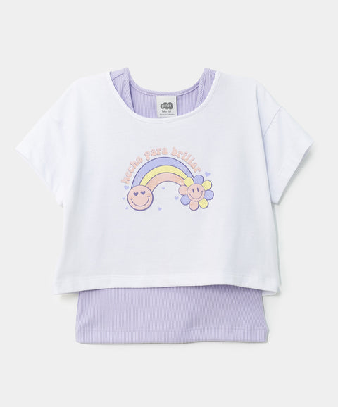 Camiseta sobrepuesta para bebé niña en licra color blanco con lila
