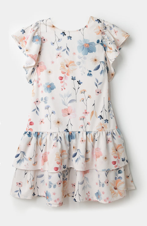 Vestido para niña en poliéster color vainilla con estampado de flores