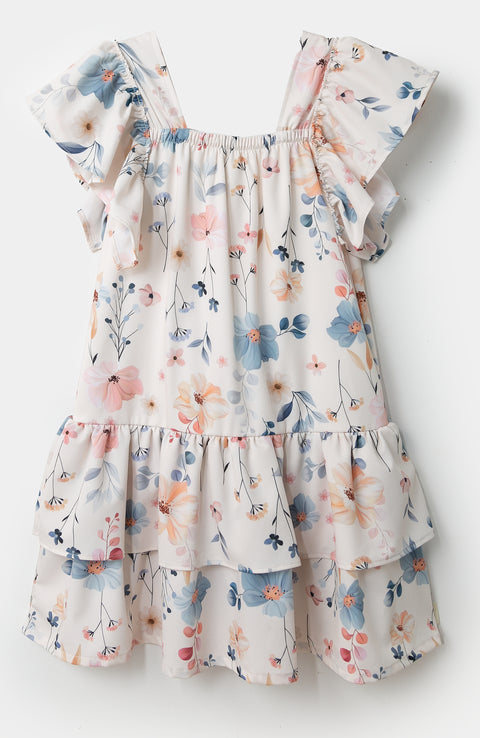 Vestido para niña en poliéster color vainilla con estampado de flores