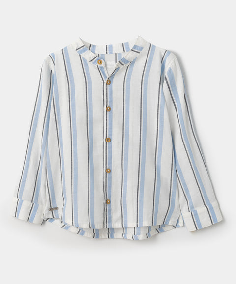 Camisa manga larga para bebé niño en lino color blanco con rayas azules