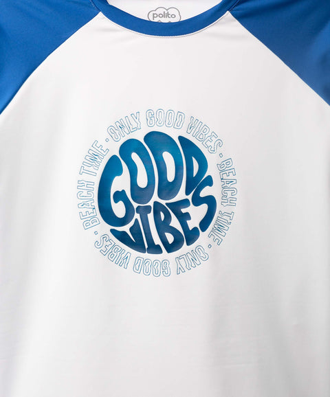 Camiseta Manga Larga De Playa Para Niño En Licra Color Blanco Y Azul