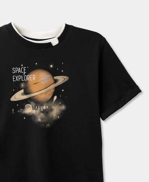 Camiseta Con Estampado De Saturno Para Niño En Tela Suave Color Negro