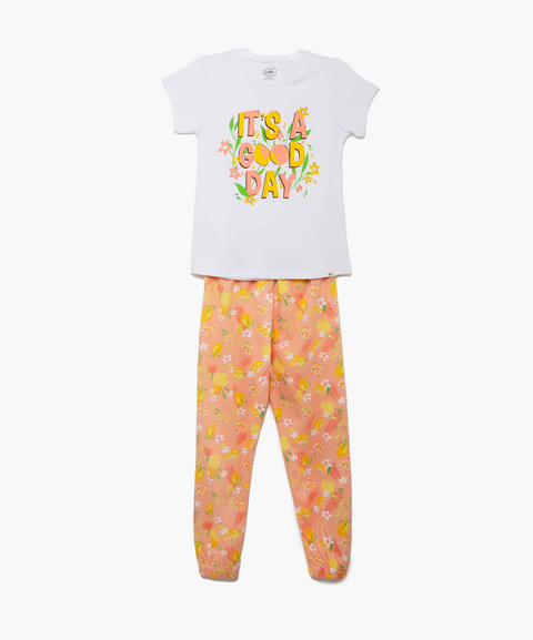 Pijama Manga Corta Y Pantalón Para Niña En Licra Color Marfil Y Mandarina