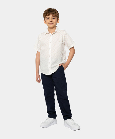 Camisa Manga Corta Para Niño En Tela Suave Color Marfil Estampada