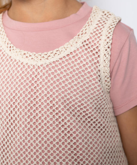 Camiseta Manga Corta Con Malla Para Niña En Licra Color Palo De Rosa