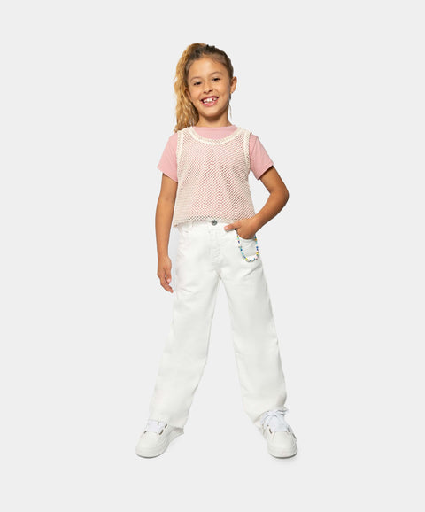 Pantalón Wide Leg Para Niña En Drill Color Blanco