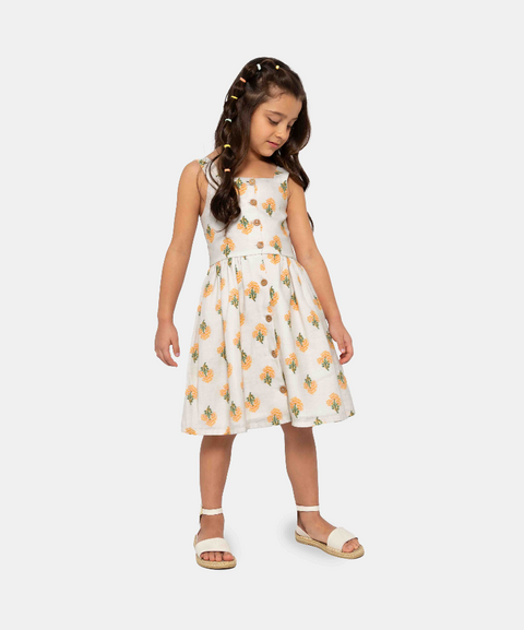 Vestido Manga Sisa Para Niña En Tela Suave Color Crema Estampado