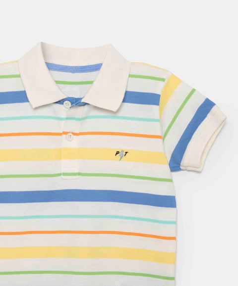 Camiseta Tipo Polo Para Bebé Niño En Algodón Color Marfil Con Rayas