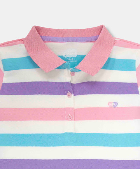 Camiseta Tipo Polo Para Niña En Algodón Color Marfil Con Rayas