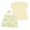 Pijama short para bebé niña en licra color amarillo con estampado de unirconios