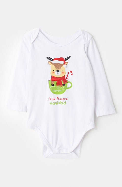 Body Navidad unisex en tela suave color blanco