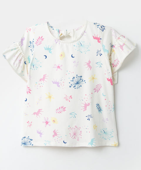 Blusa manga corta para bebé niña en tela suave color marfil