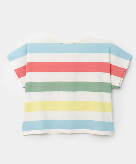 Blusa corta para niña en licra color marfil con rayas de colores