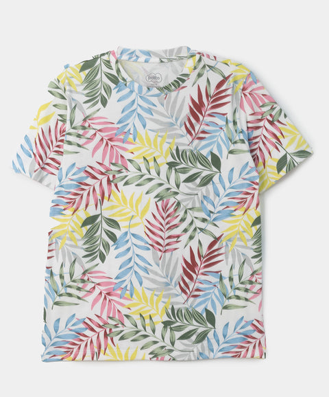 Camiseta para niño en tela suave color crudo con estampado de hojas