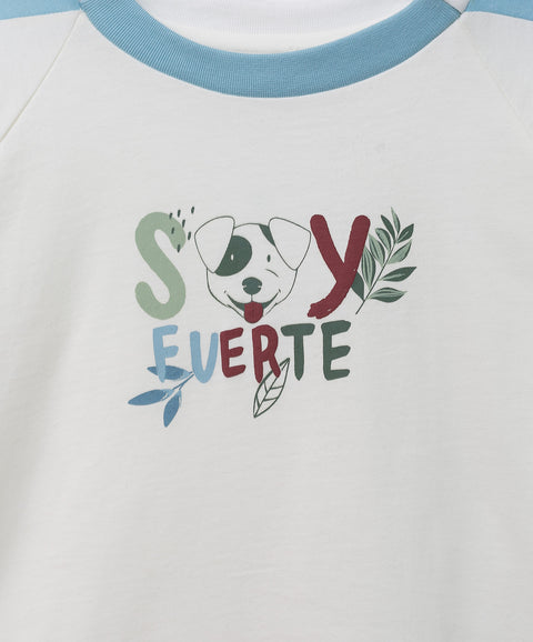 Camiseta manga corta para bebé niño en tela suave color marfil con detalles azules