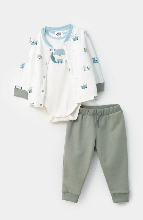 Set x 3 de buzo, body y pantalón para recién nacido en tela suave y burda color marfil con verde