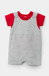 Conjunto de overol y camiseta para recién nacido en algodón color gris y fresa