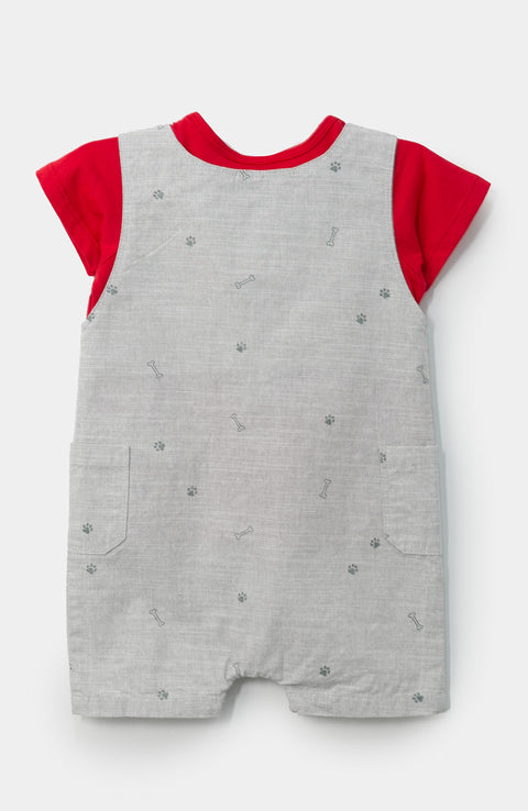 Conjunto de overol y camiseta para recién nacido en algodón color gris y fresa