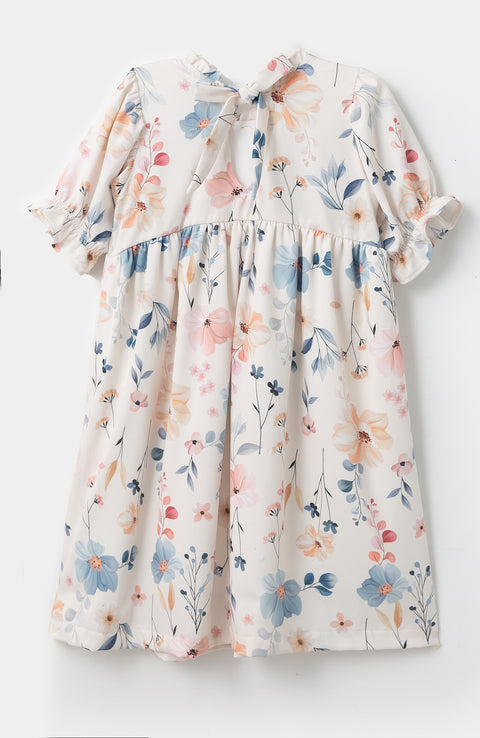 Vestido para bebé niña en poliéster color vainilla con estampado de flores