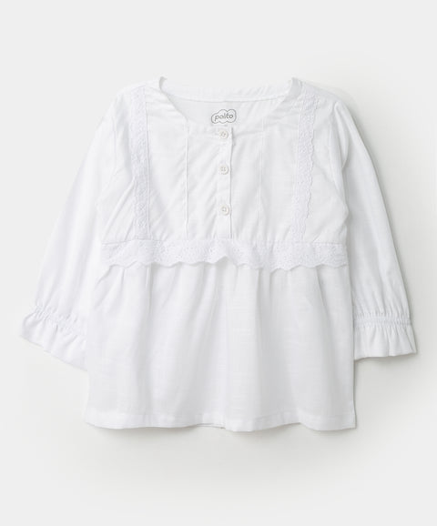 Blusa manga larga para bebé niña en popelina color blanco con detalles de encajes