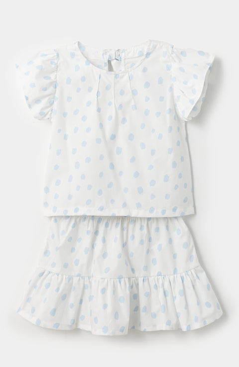 Conjunto de falda y blusa para bebé niña en popelina color marfil con animal print azul claro