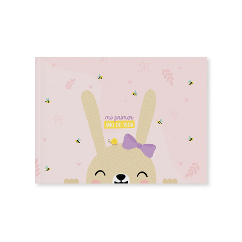 Álbum para recién nacida color rosado con estampado de coneja